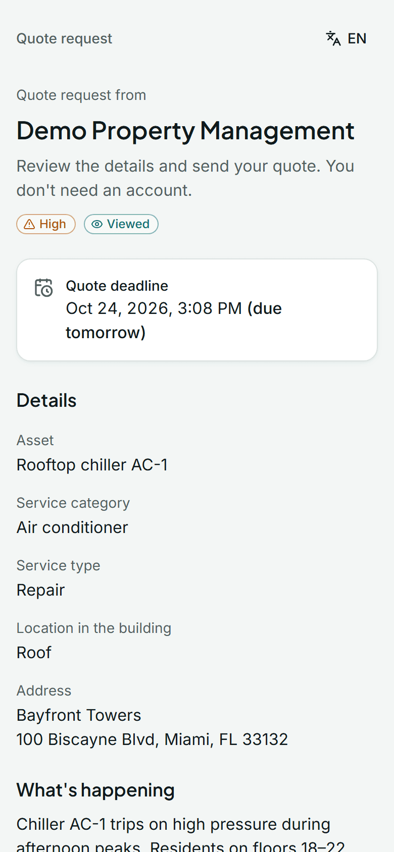 PropConnect quote page on a phone with the request details, urgency and quote deadline