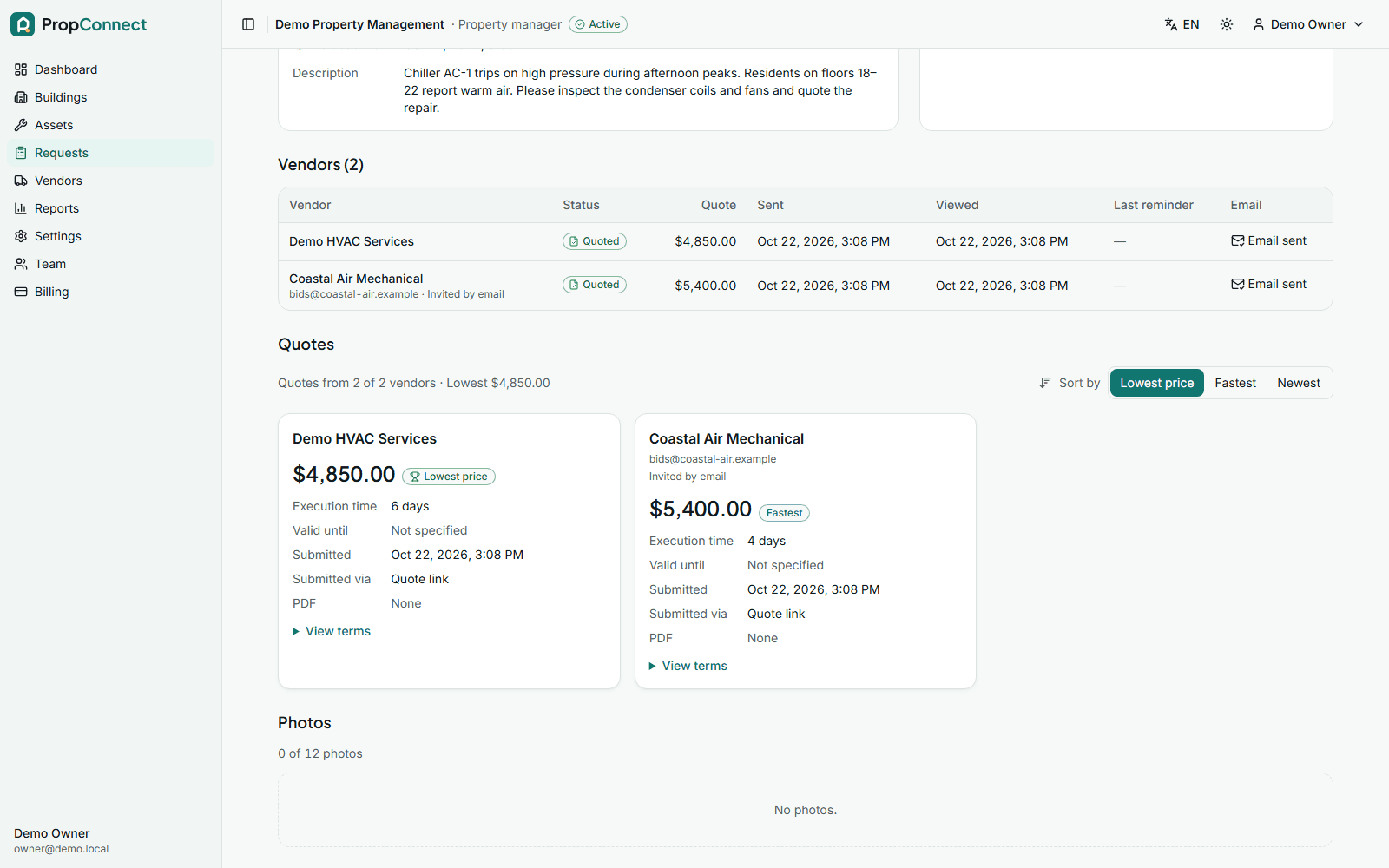 Quotes from two vendors on a PropConnect service request, with total and timeline side by side