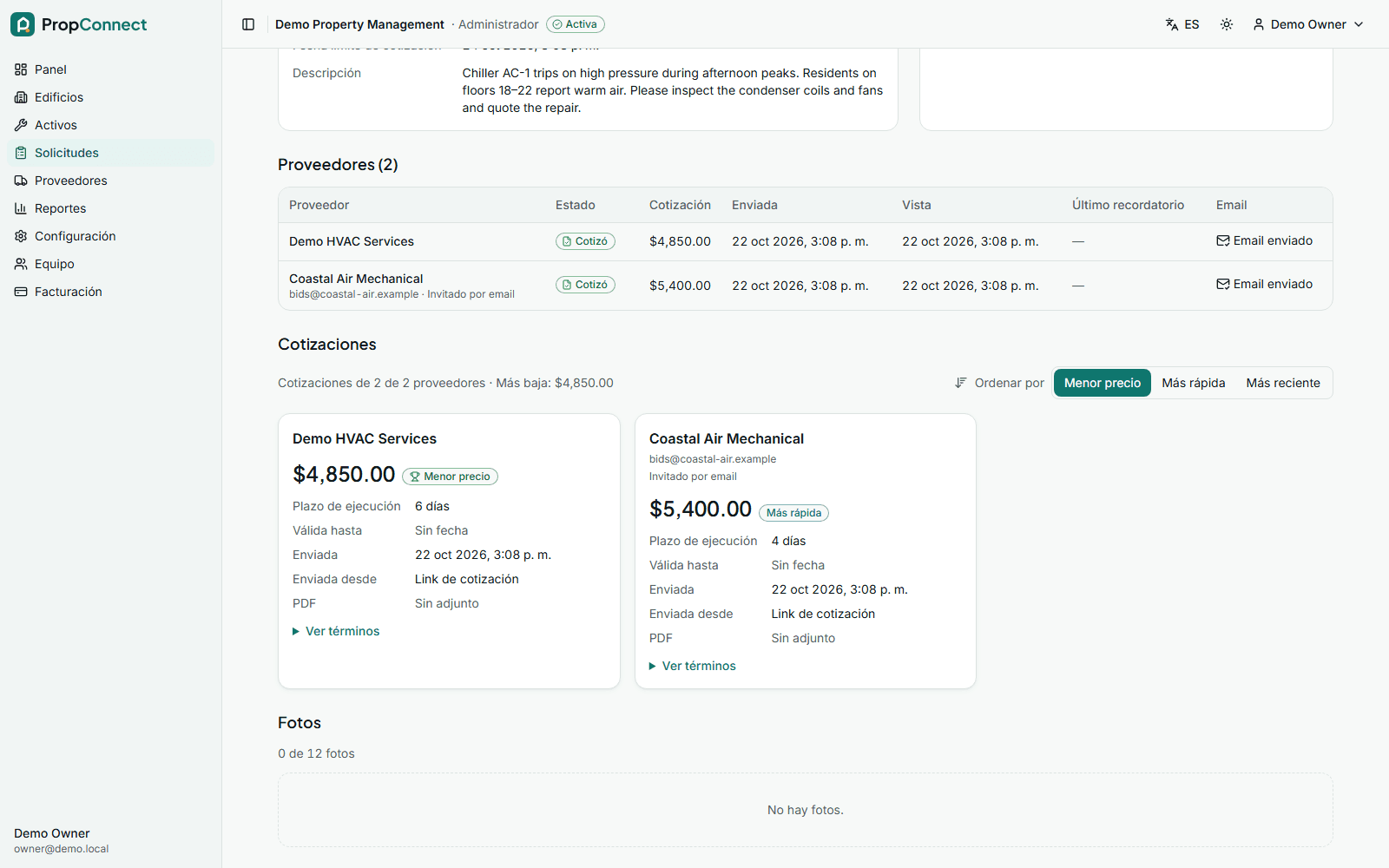 Cotizaciones de dos proveedores en una solicitud de servicio de PropConnect, con total y plazo lado a lado