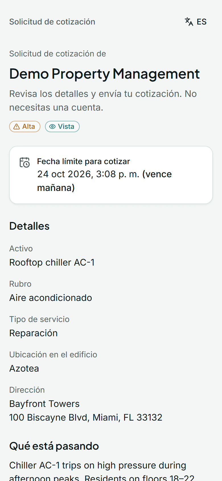 Página de cotización de PropConnect en un celular con los datos de la solicitud, la urgencia y la fecha límite